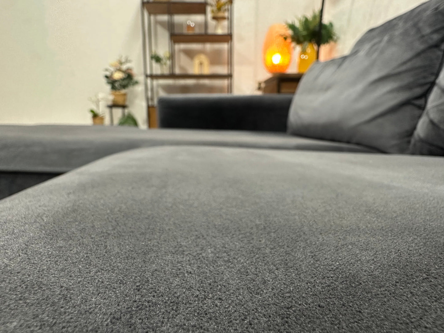 Grijze/Blauwe Velvet Hoekzetel ~ Losse Kussens Met Afneembare Hoezen