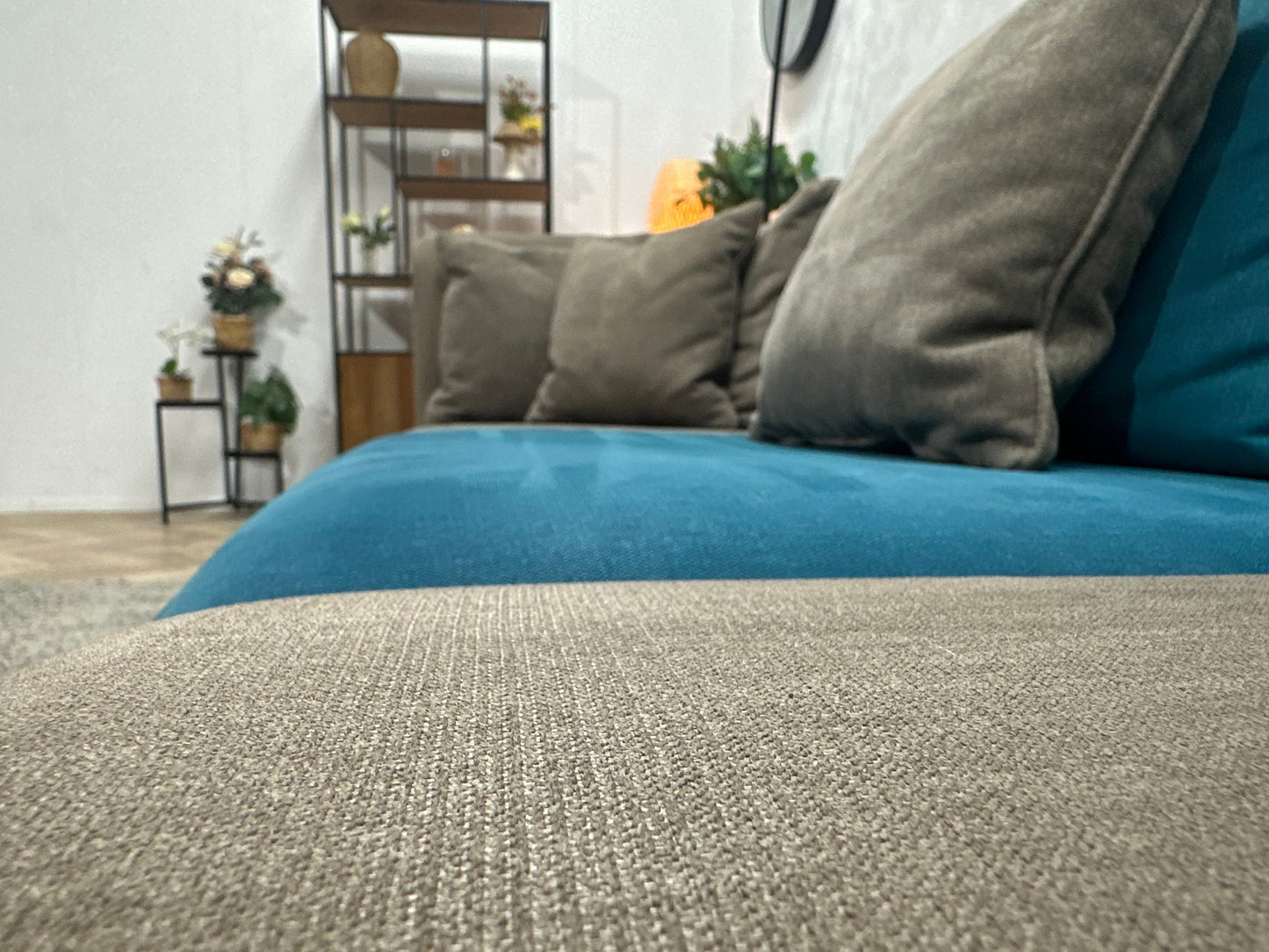 Antraciet/Blauwe Hoekzetel ~ Losse Rugkussens Met Afneembare Hoezen
