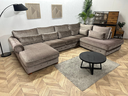 Taupe velvet U-zetel met gecapitonneerde zitting