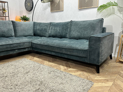 Blauwe/Grijze Velvet Hoekzetel ~ Losse Rugkussens Met Afneembare Hoezen
