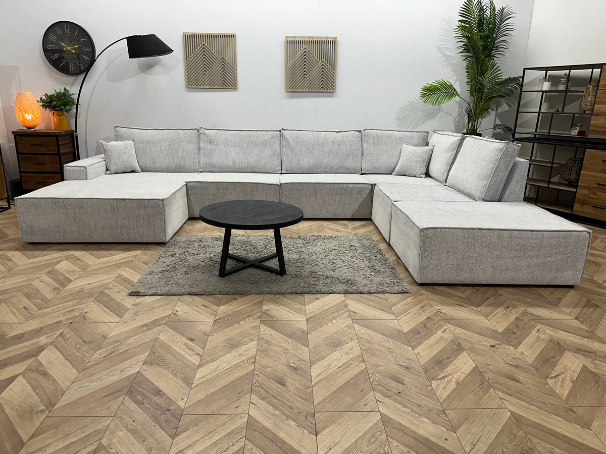Licht Grijze Velvet U Zetel ~ Losse Rugkussens Met Afneembare Hoezen