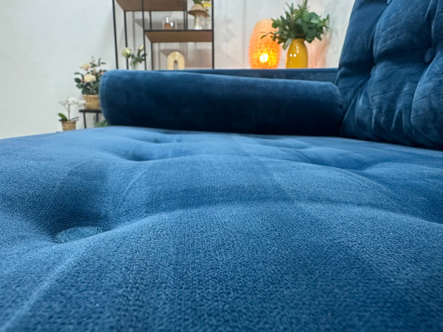 Blauwe Velvet 3-Zits Zetel ~ Losse Kussens Met Afneembare Hoezen