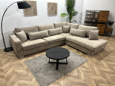 Grijze/Beige Velvet Hoekzetel ~ Losse Kussens Met Afneembare Hoezen