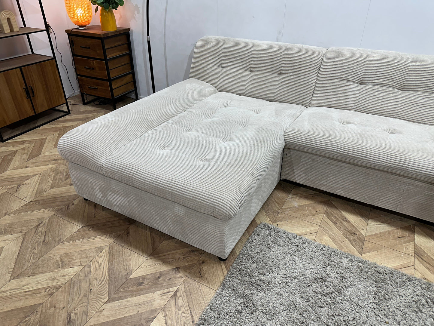 !Showroommodel! Crème Ribstof Hoekzetel ~ Opbergruimte