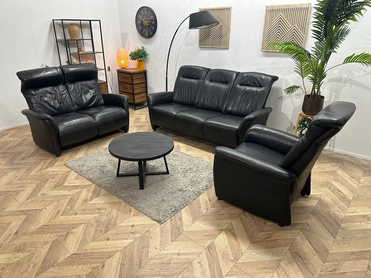 Zwarte Echt Lederen Zetels Set Inc Fauteuil ~ Relaxfunctie