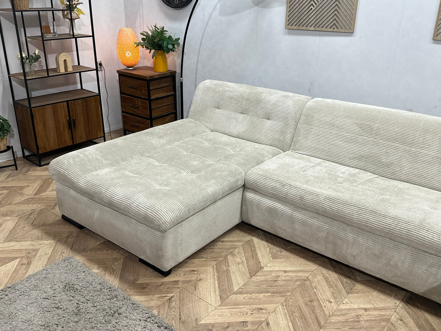 !Showroommodel! Witte Ribstof U Zetel ~ Slaapfunctie