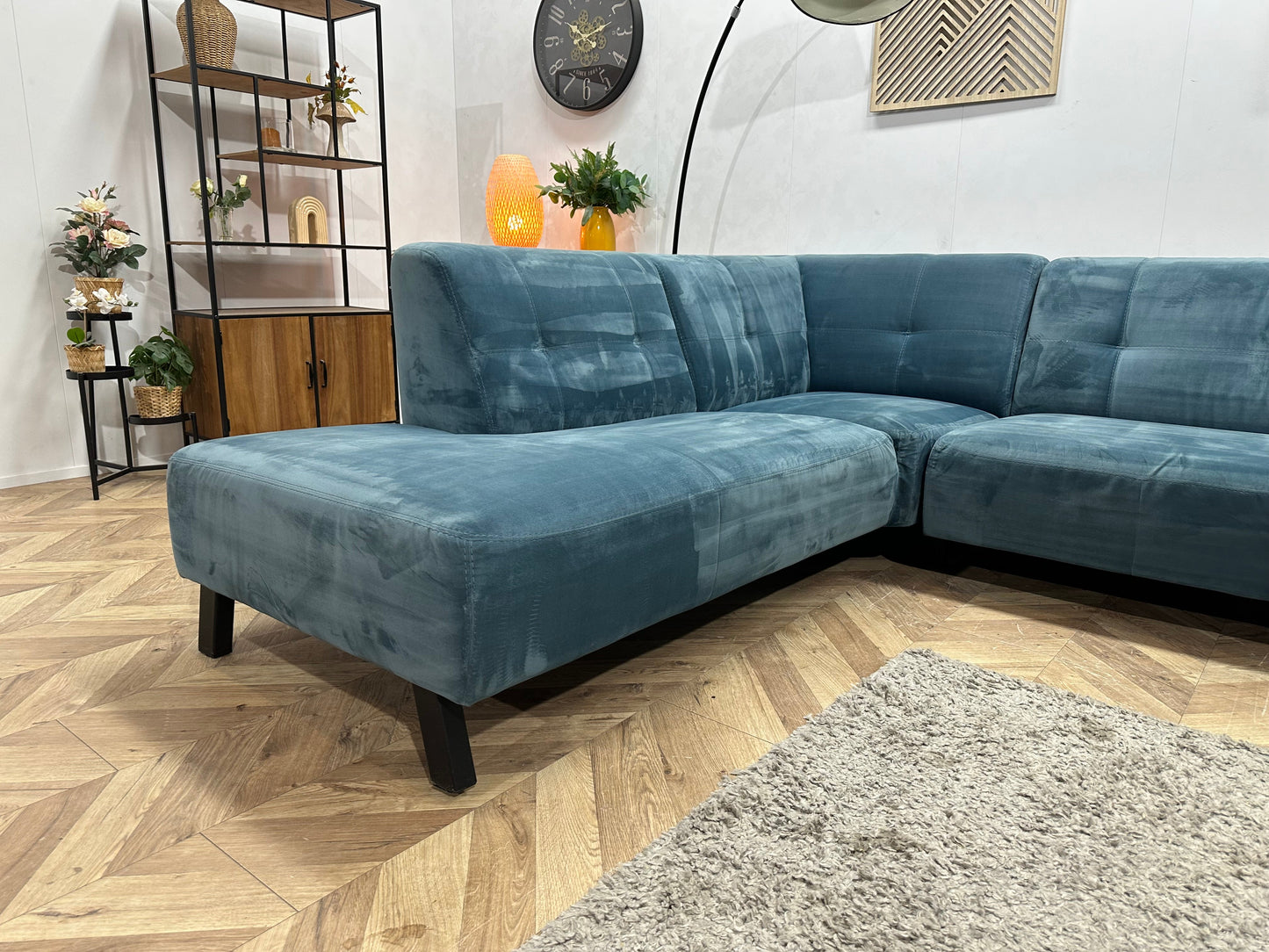 Blauwe Velvet Hoekzetel ~ Vaste Kussens
