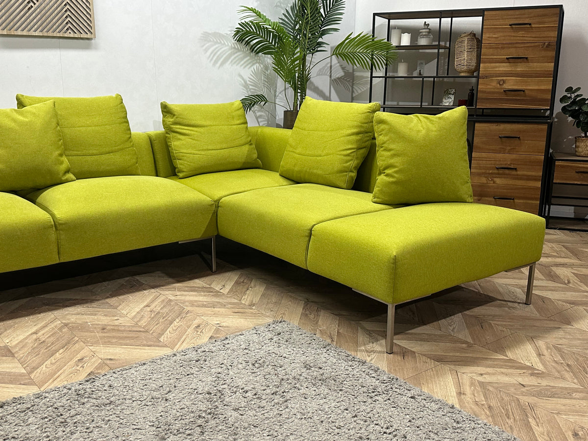 Montèl Groene/Gele Suede Stoffen U Zetel ~ Losse Rugkussens Met Afneembare Hoezen