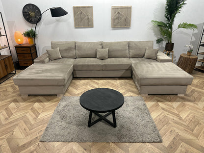 Grijze/Beige Velvet U Zetel ~ Losse Rugkussens Met Afneembare Hoezen