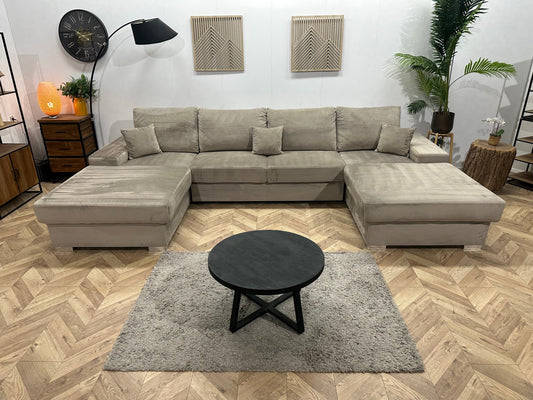 Grijze/Beige Velvet U Zetel ~ Losse Rugkussens Met Afneembare Hoezen