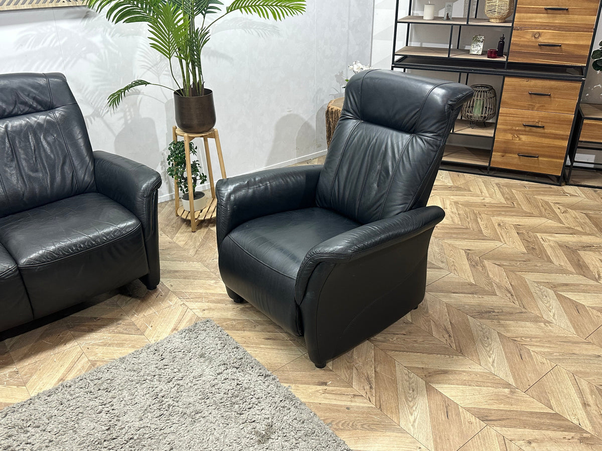 Zwarte Echt Lederen Zetels Set Inc Fauteuil ~ Relaxfunctie