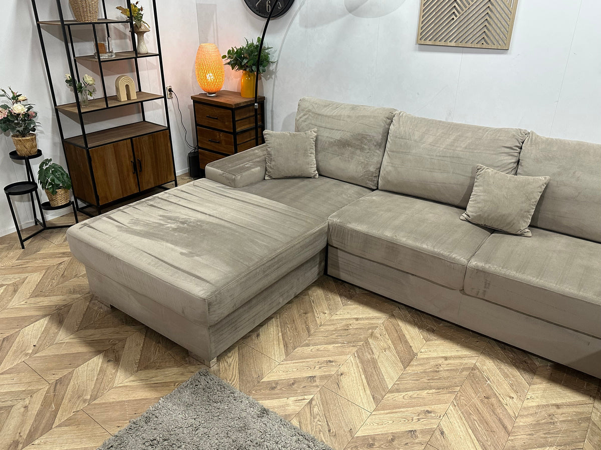 Grijze/Beige Velvet U Zetel ~ Losse Rugkussens Met Afneembare Hoezen
