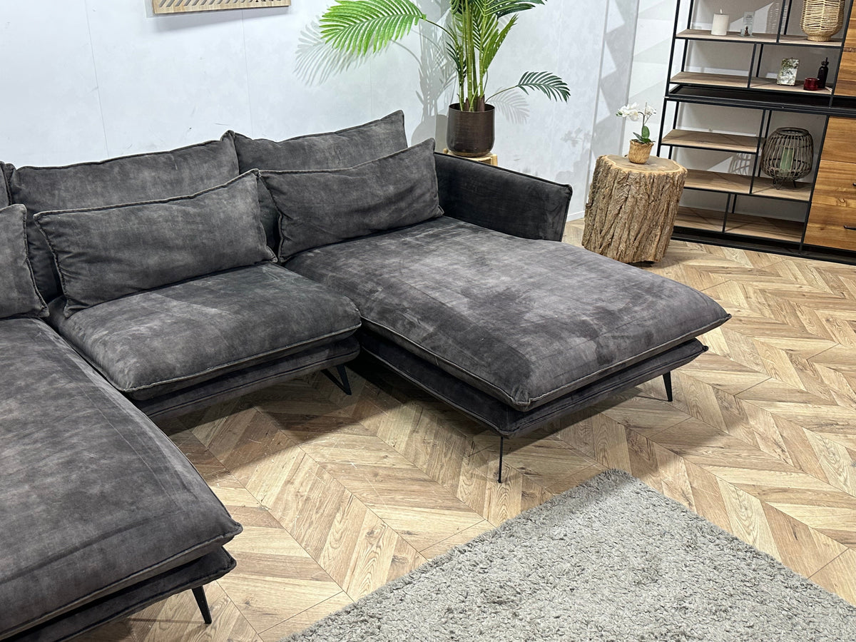 Antraciet Velvet U Zetel ~ Losse Kussens Met Afneembare Hoezen