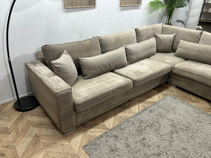 Grijze/Beige Velvet Hoekzetel ~ Losse Kussens Met Afneembare Hoezen