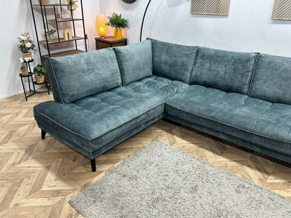 Blauwe/Grijze Velvet Hoekzetel ~ Losse Rugkussens Met Afneembare Hoezen
