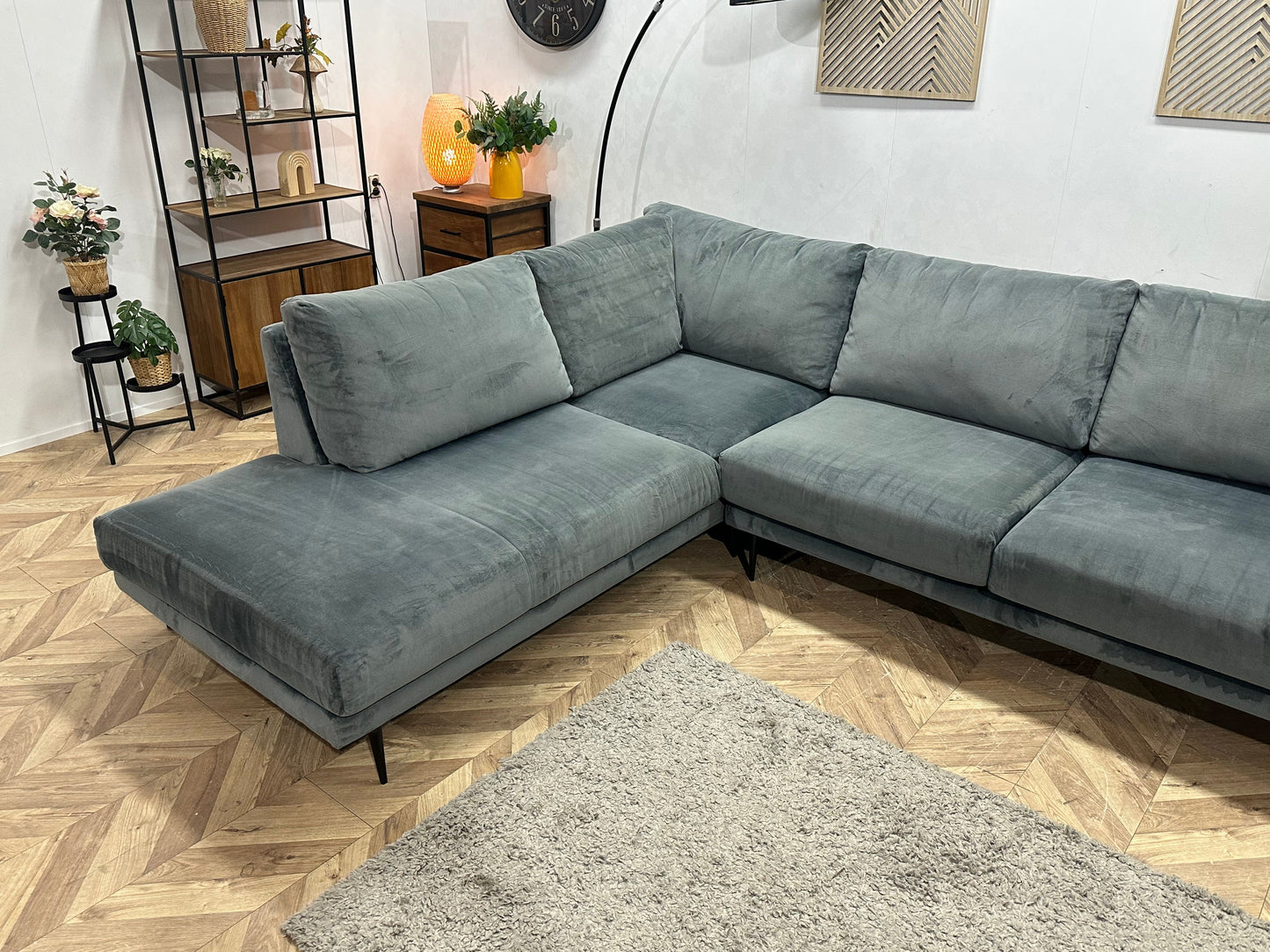Grijze/Blauwe Velvet Hoekzetel ~ Nieuwstaat