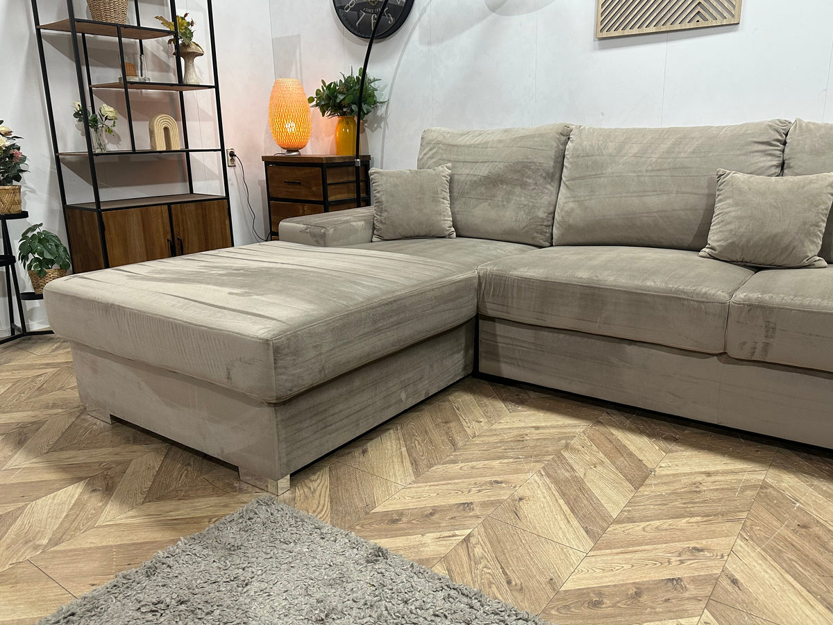 Grijze/Beige Velvet U Zetel ~ Losse Rugkussens Met Afneembare Hoezen