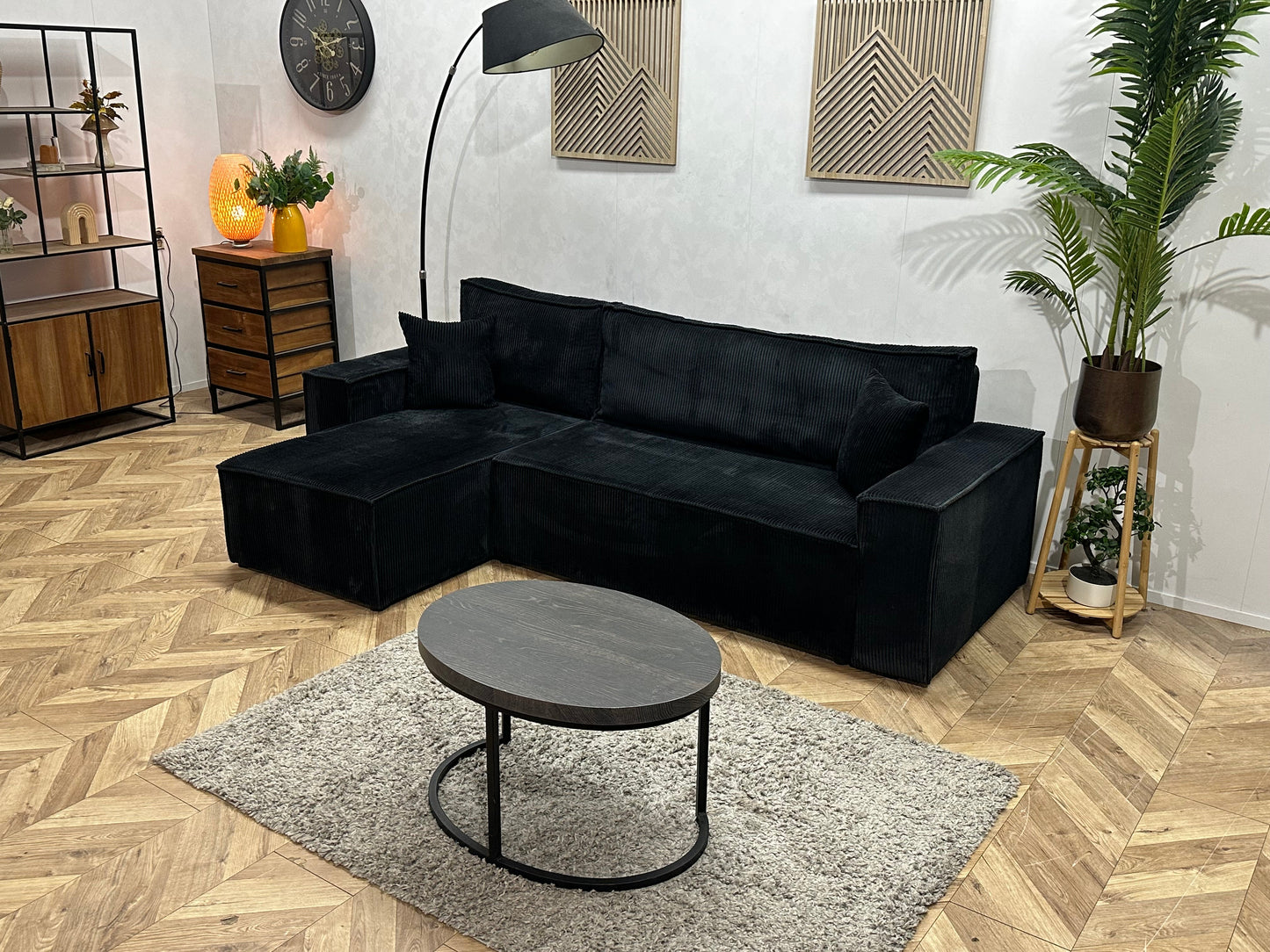 !Showroommodel! Zwarte Ribstof Hoekzetel ~ Slaapfunctie