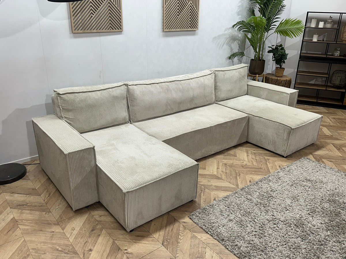 !Showroommodel! Witte Ribstof U Zetel ~ Slaapfunctie