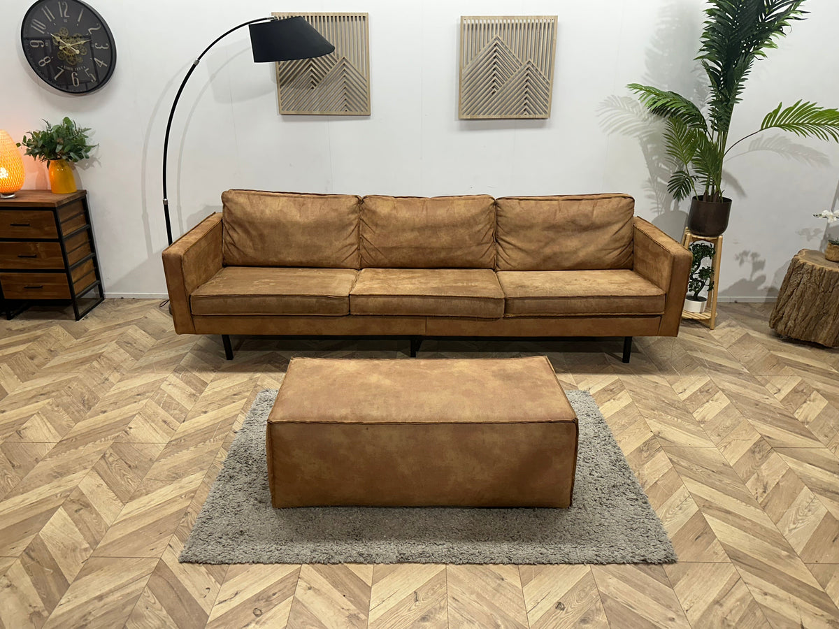 Cognac Bruine Suède Stoffen 3-Zits Zetel Inc Hocker ~ Losse Kussens Met Afneembare Hoezen
