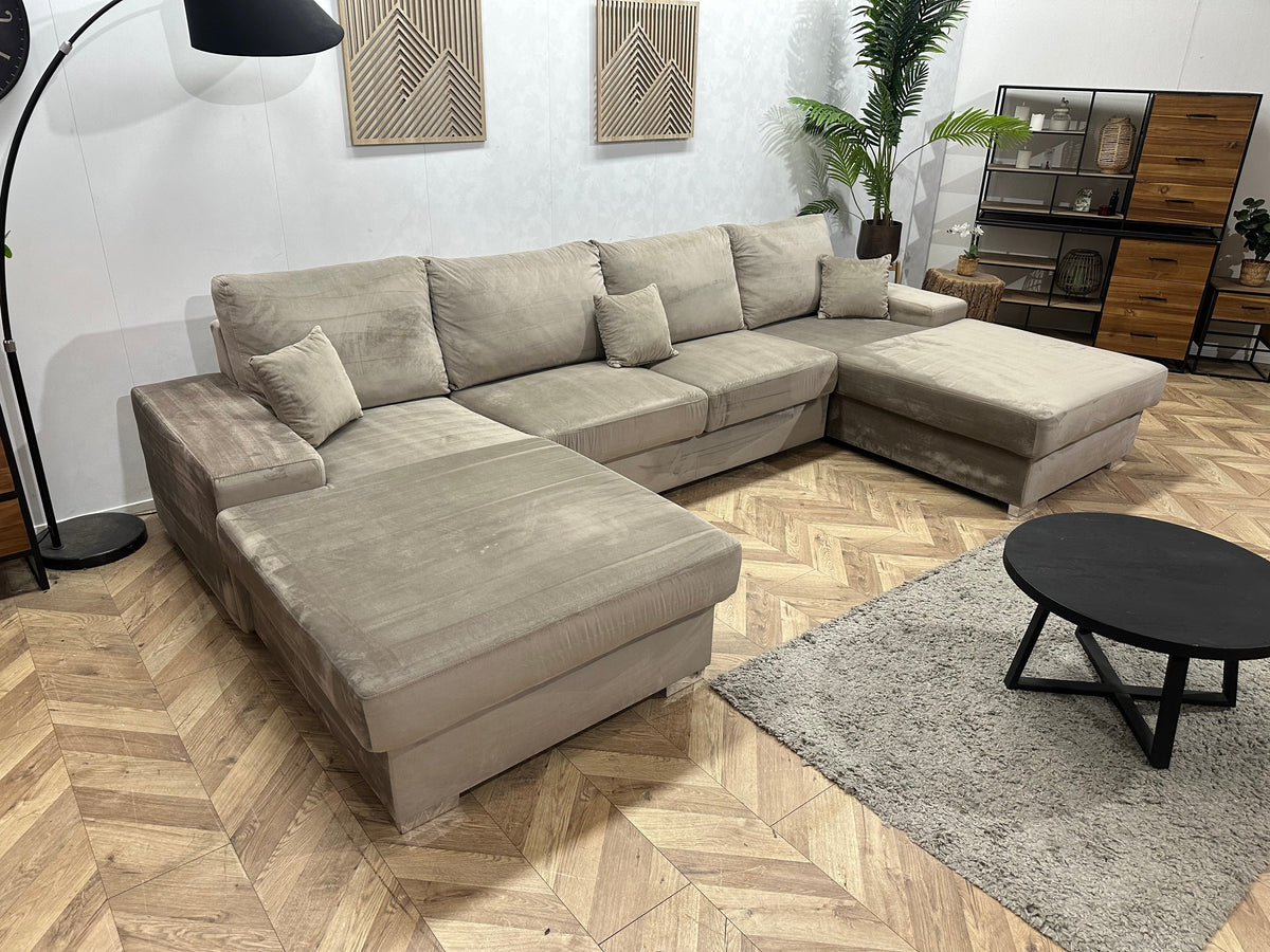 Grijze/Beige Velvet U Zetel ~ Losse Rugkussens Met Afneembare Hoezen