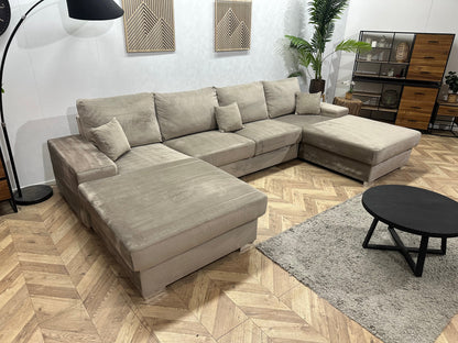 Grijze/Beige Velvet U Zetel ~ Losse Rugkussens Met Afneembare Hoezen