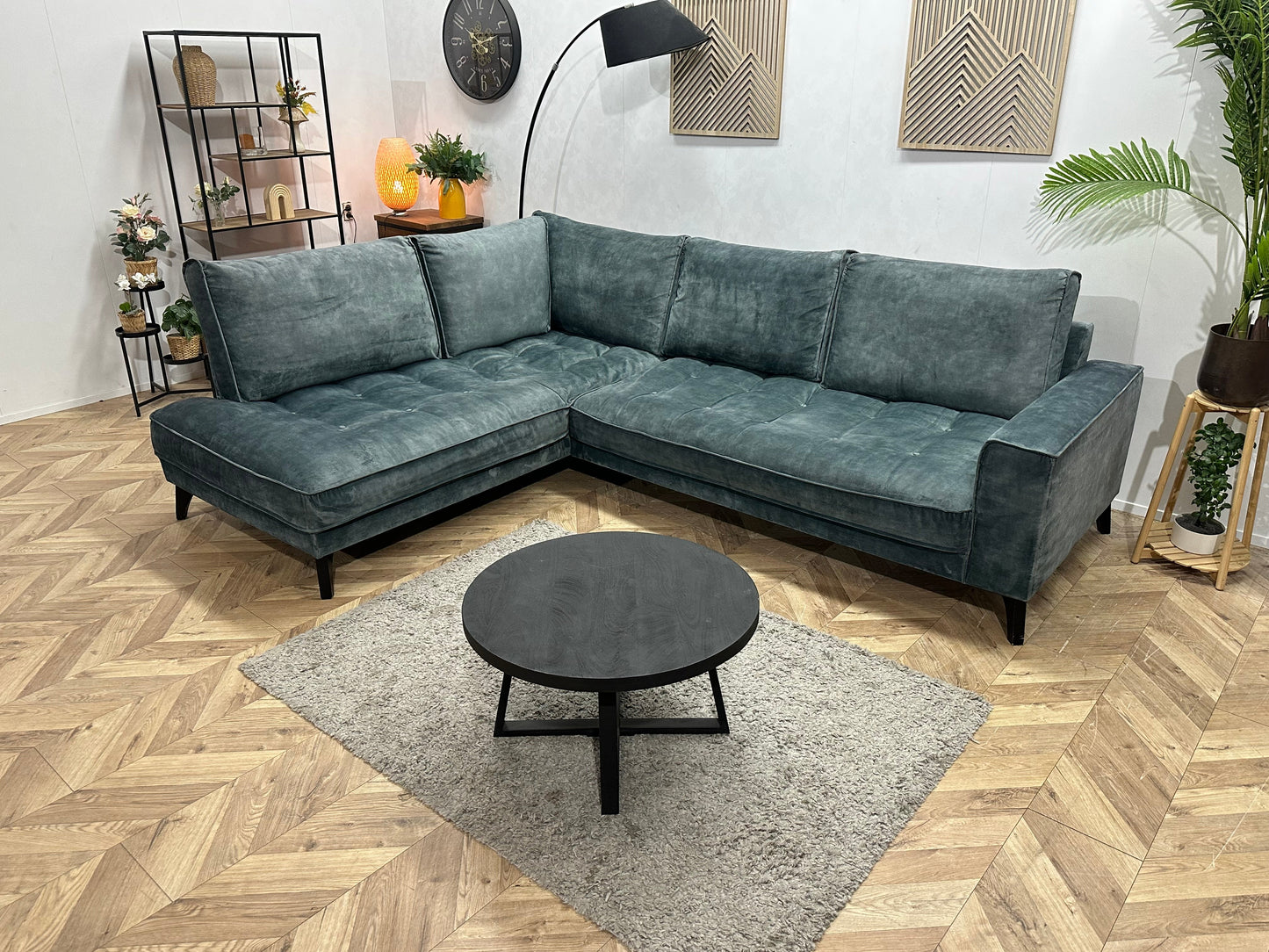 Blauwe/Grijze Velvet Hoekzetel ~ Losse Rugkussens Met Afneembare Hoezen