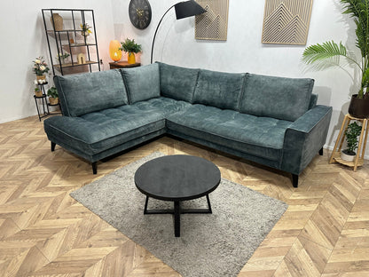 Blauwe/Grijze Velvet Hoekzetel ~ Losse Rugkussens Met Afneembare Hoezen