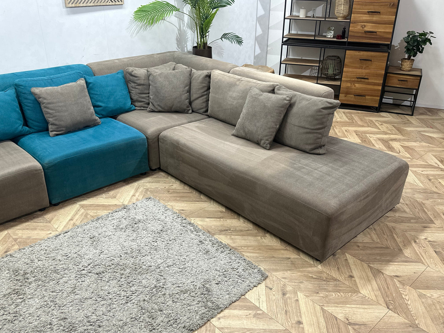 Antraciet/Blauwe Hoekzetel ~ Losse Rugkussens Met Afneembare Hoezen