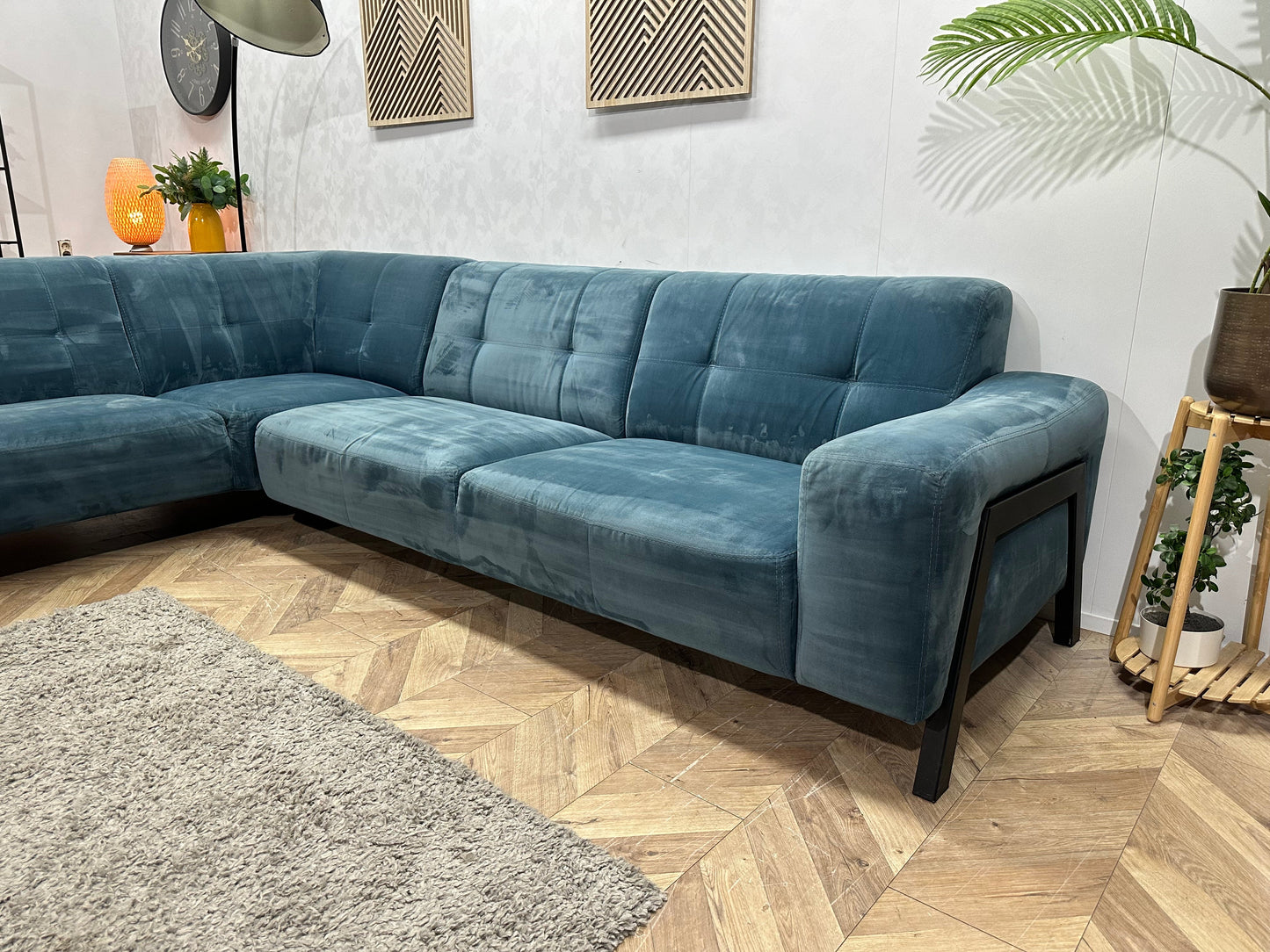 Blauwe Velvet Hoekzetel ~ Vaste Kussens