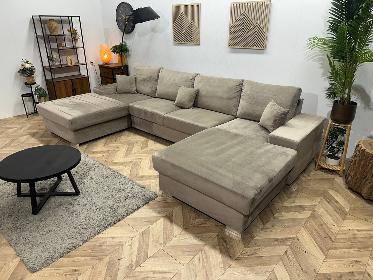 Grijze/Beige Velvet U Zetel ~ Losse Rugkussens Met Afneembare Hoezen