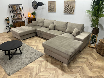 Grijze/Beige Velvet U Zetel ~ Losse Rugkussens Met Afneembare Hoezen
