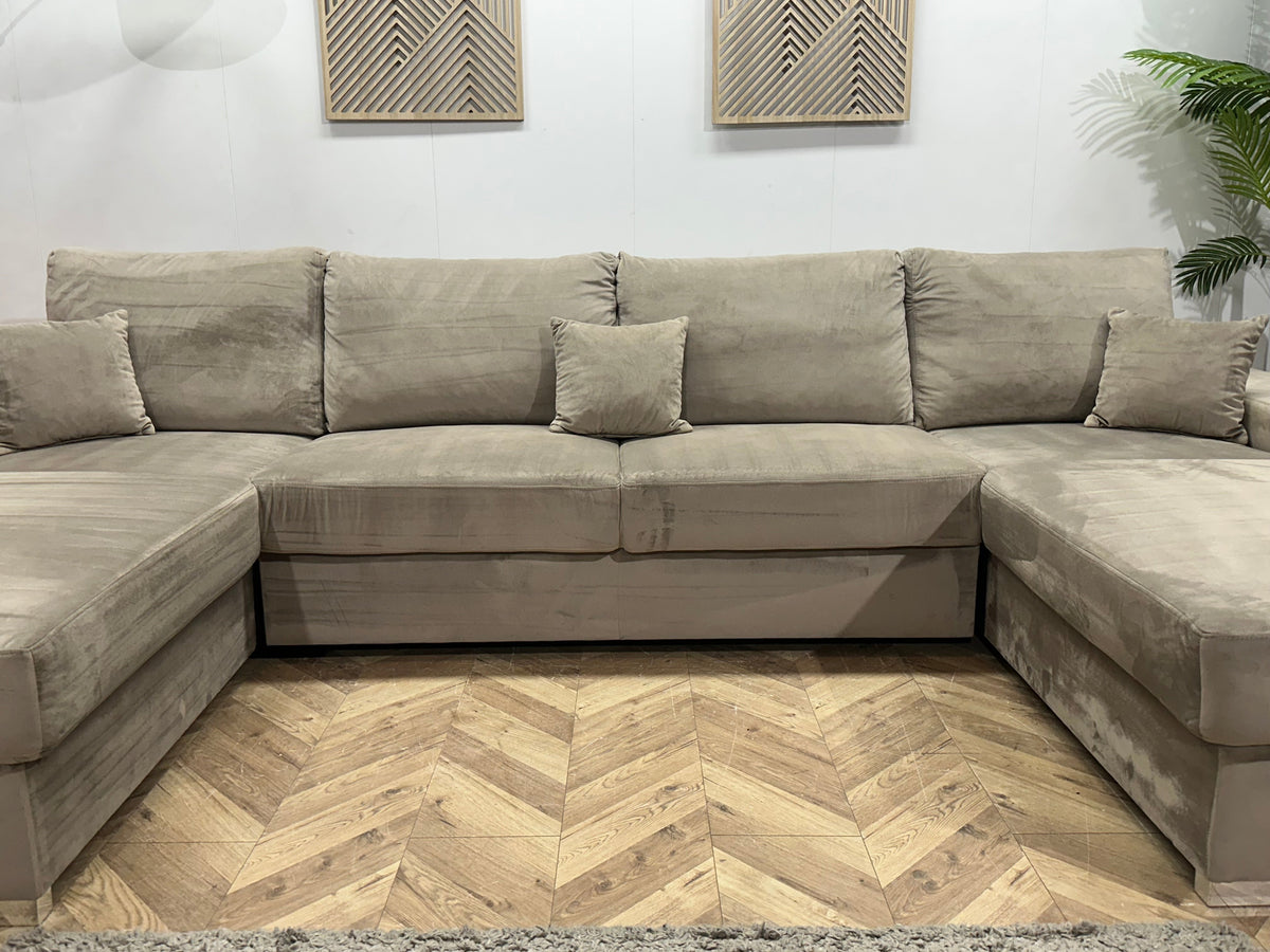 Grijze/Beige Velvet U Zetel ~ Losse Rugkussens Met Afneembare Hoezen