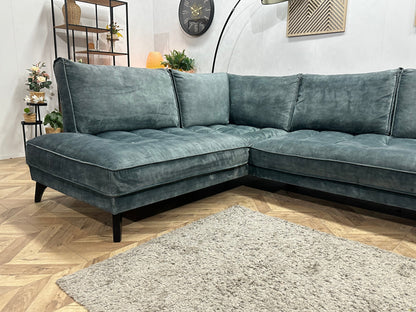 Blauwe/Grijze Velvet Hoekzetel ~ Losse Rugkussens Met Afneembare Hoezen