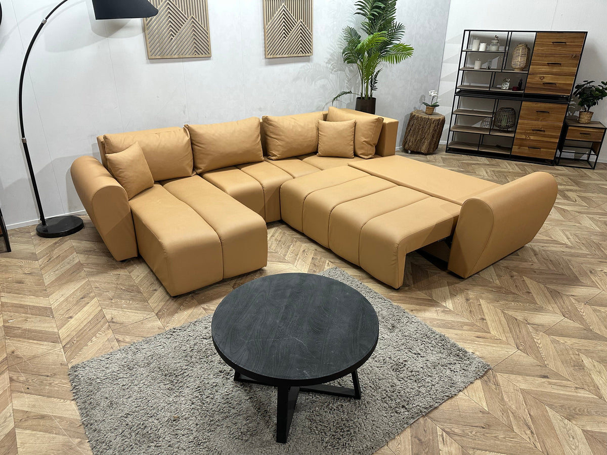 Licht Bruine Leather Look U Zetel ~ Slaapfunctie