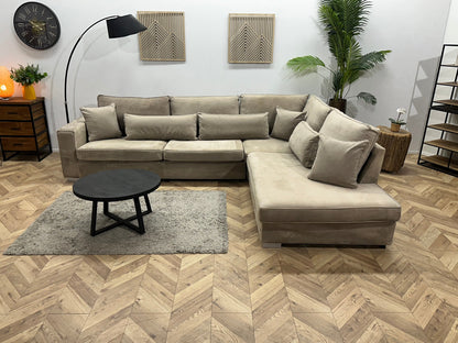 Grijze/Beige Velvet Hoekzetel ~ Losse Kussens Met Afneembare Hoezen