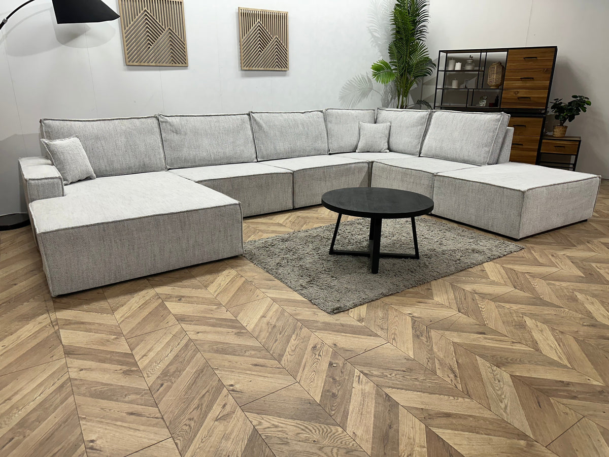 Licht Grijze Velvet U Zetel ~ Losse Rugkussens Met Afneembare Hoezen