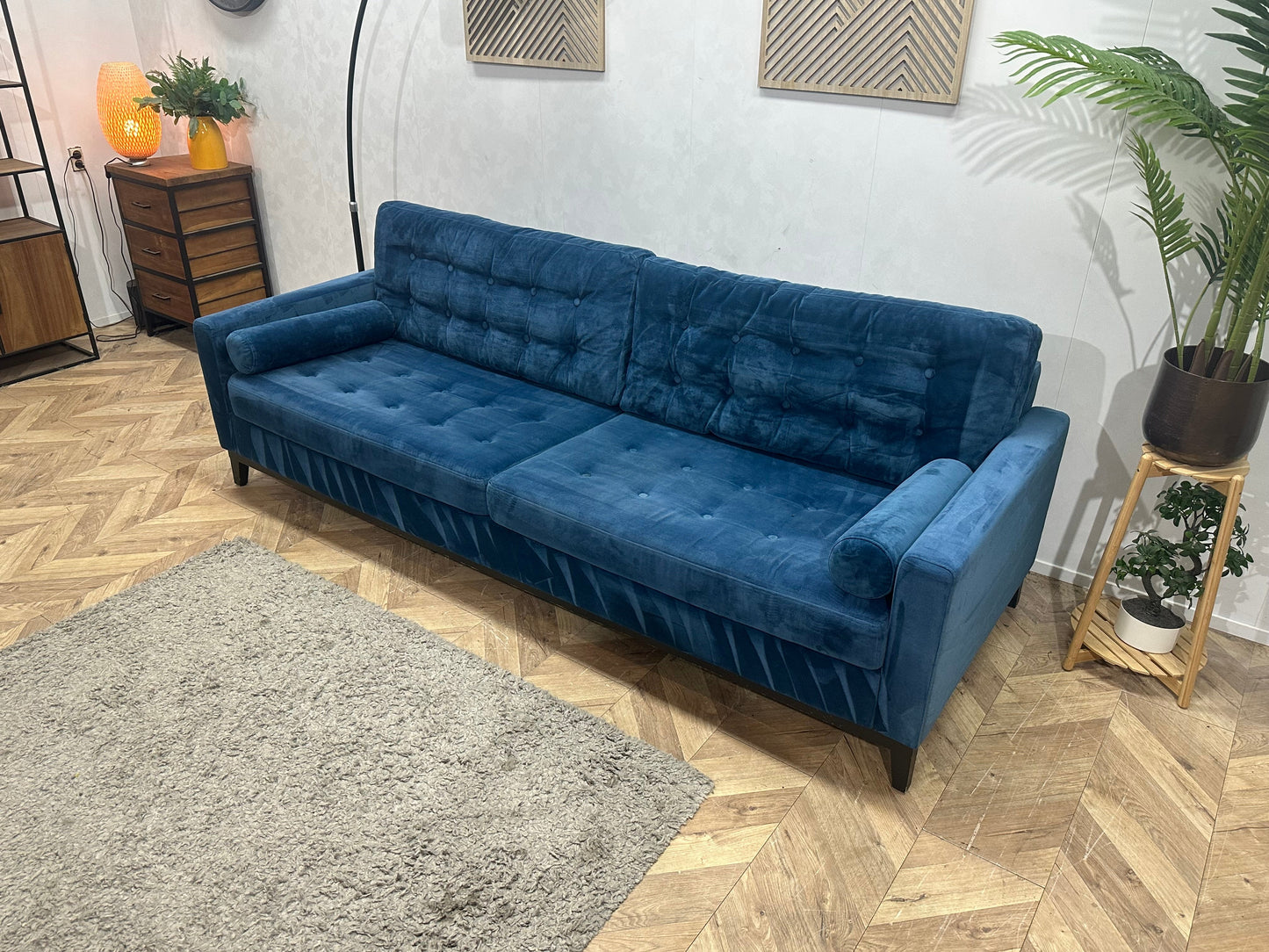 Blauwe Velvet 3-Zits Zetel ~ Losse Kussens Met Afneembare Hoezen