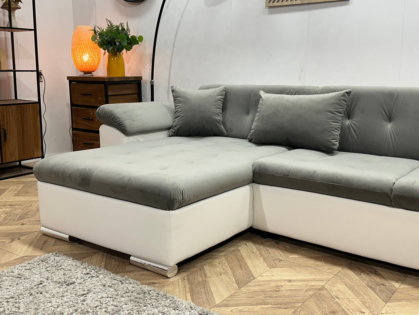 !Showroommodel! Grijze/Witte Velvet/Leather Look U Zetel