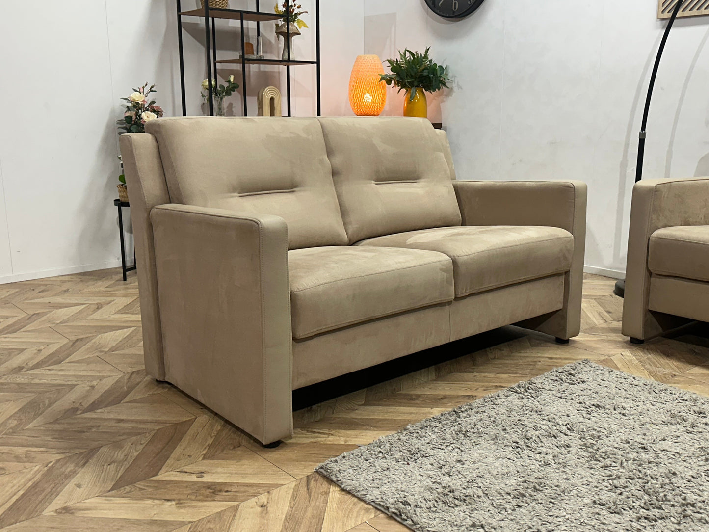 Beige Suede Stoffen/Lederen Zetels Set ~ Vaste Kussens