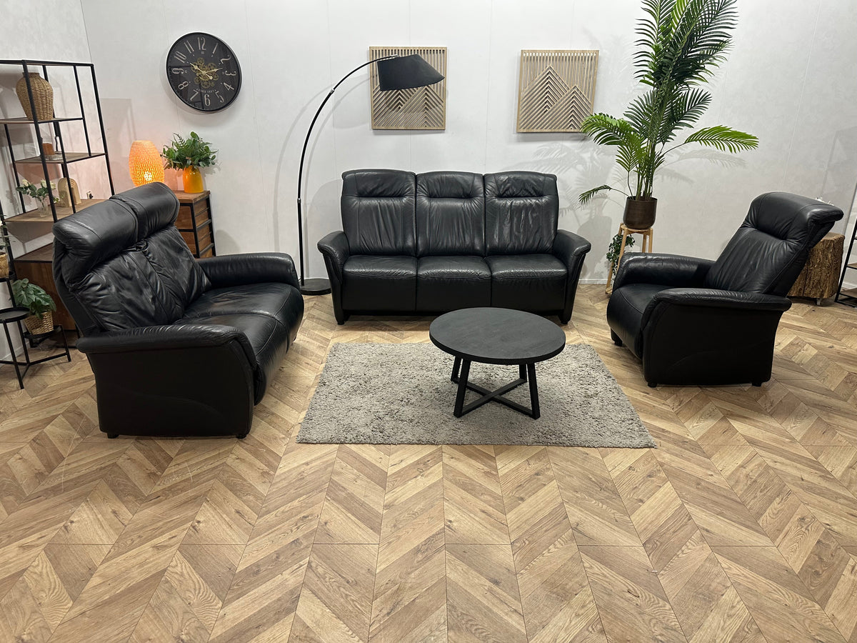 Zwarte Echt Lederen Zetels Set Inc Fauteuil ~ Relaxfunctie