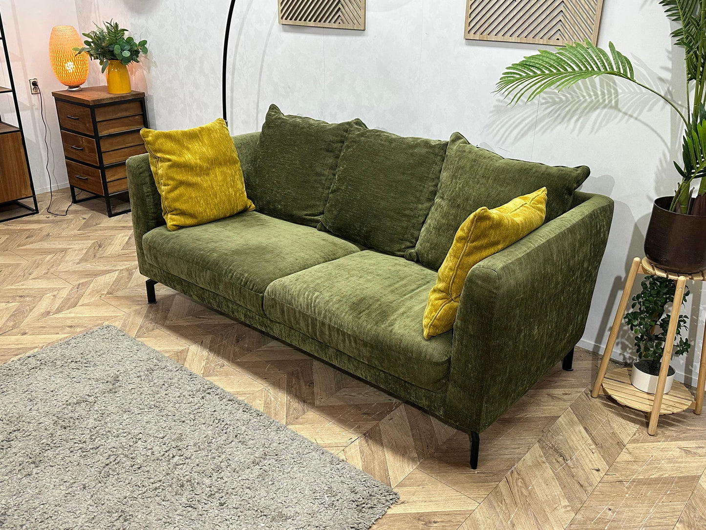 Groene Velvet 2.5-Zits Zetel ~ Losse Rugkussens Met Afneembare Hoezen