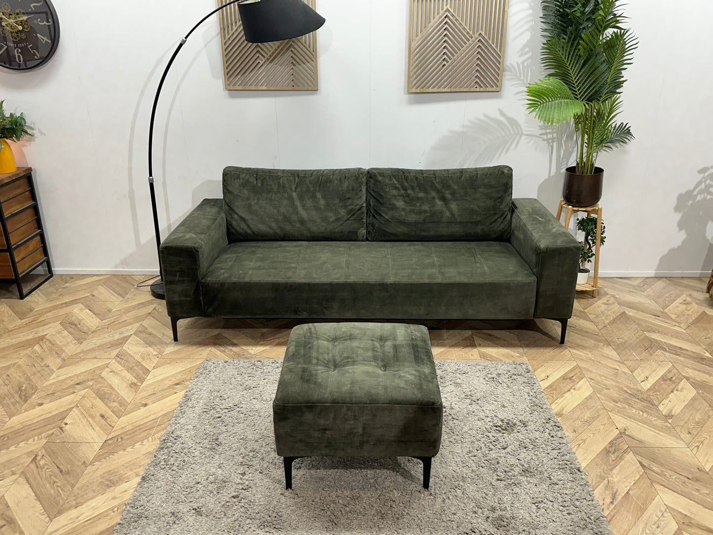 Groene Velvet 2.5-Zits Zetel Inc Hocker ~ Losse Rugkussens Met Afneembare Hoezen