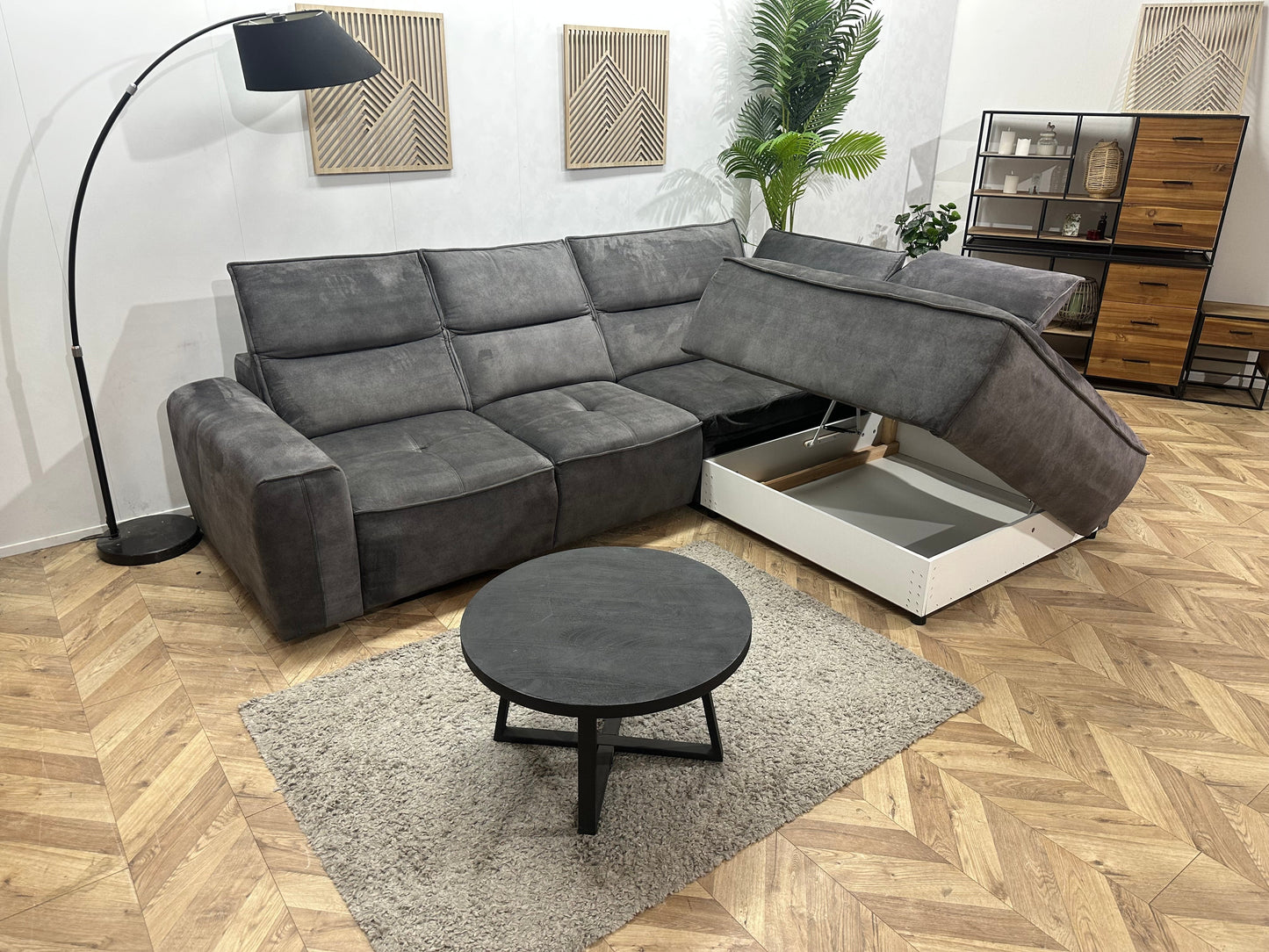 Antraciet Velvet Hoekzetel ~ Opbergruimte