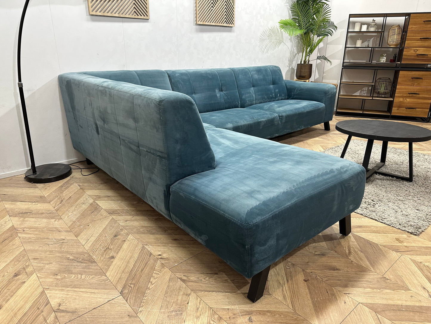 Blauwe Velvet Hoekzetel ~ Vaste Kussens