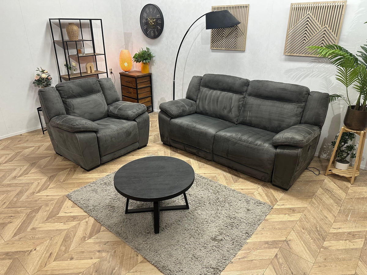 Antraciet Suède Stoffen Bankenset Inc Fauteuil ~ Relax/USB Functie