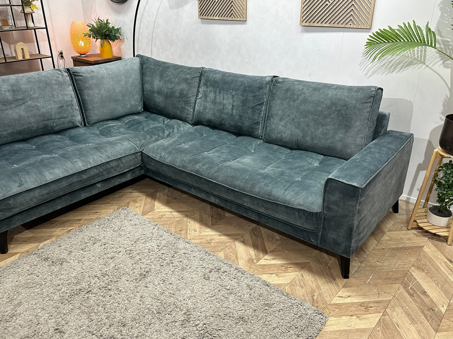 Blauwe/Grijze Velvet Hoekzetel ~ Losse Rugkussens Met Afneembare Hoezen