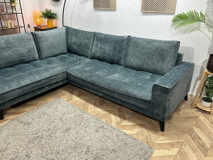 Blauwe/Grijze Velvet Hoekzetel ~ Losse Rugkussens Met Afneembare Hoezen