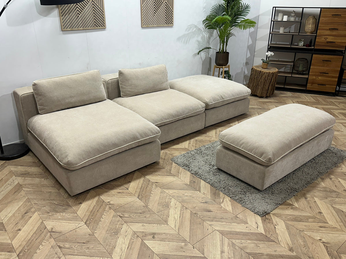 !Showroommodel! Beige Suède Stoffen Hoekzetel Inc Hocker