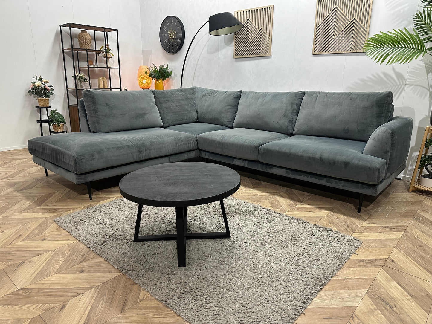 Grijze/Blauwe Velvet Hoekzetel ~ Nieuwstaat
